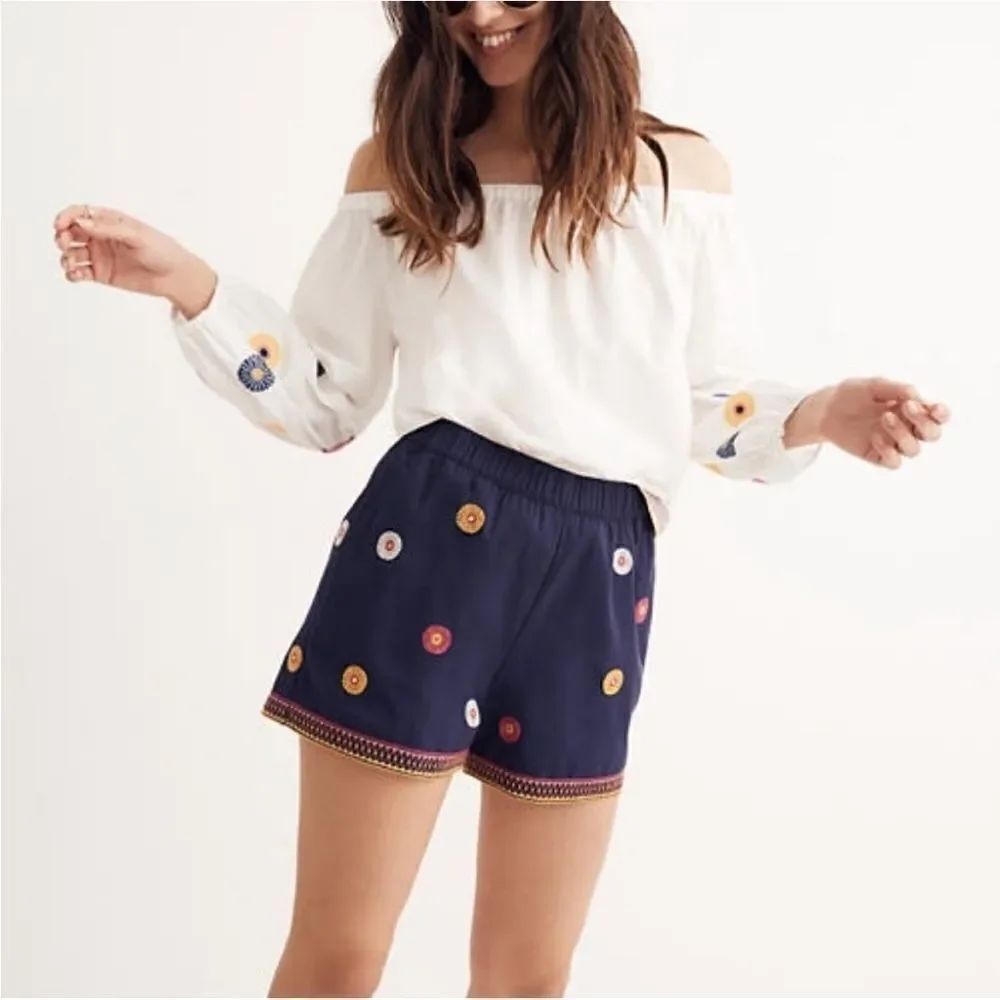 Madewell Blue Embroidered Boho Elastic Waist Shorts Festival Summer Spring